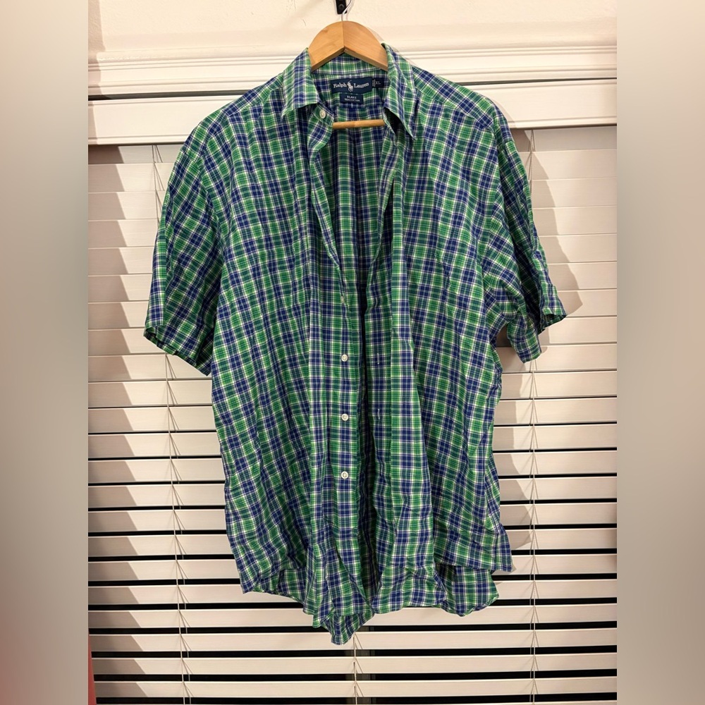 Mens Green/Blue Plaid Button Down Short Sleeve Shirt